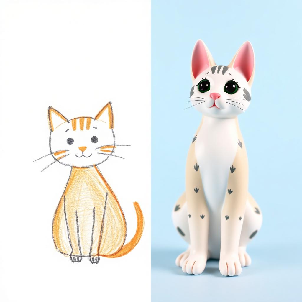 Cat drawing and 3D figurine