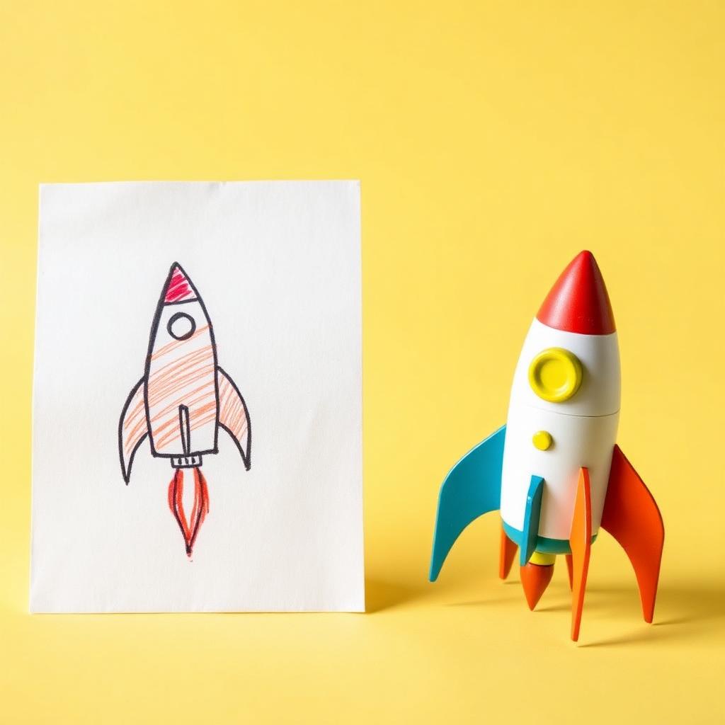 Rocket drawing and 3D figurine