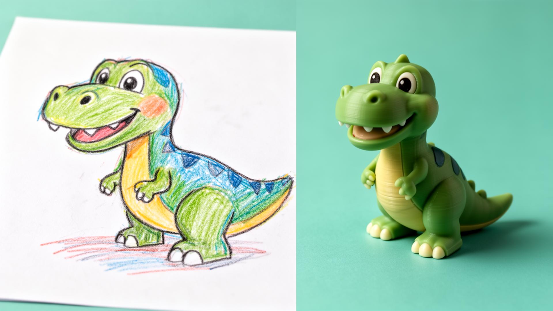 Dinosaur drawing and 3D figurine